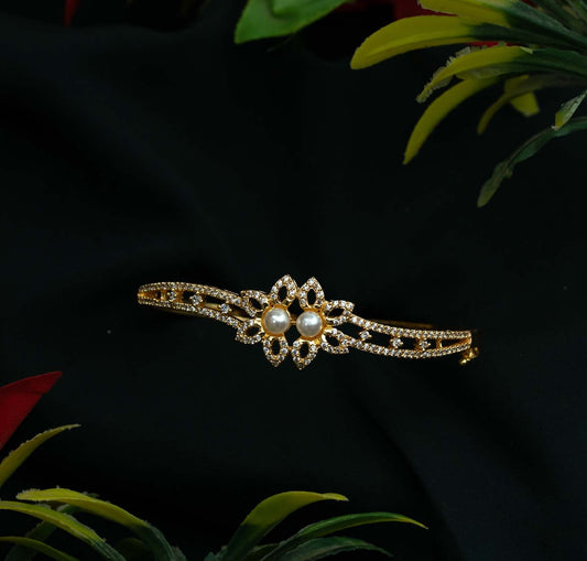 Seraphina Twin Pearl Floral AD Gold Kada