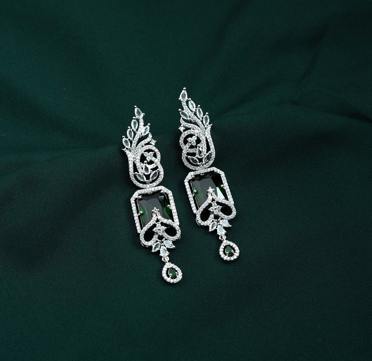 Emerald Solitaire Foliage AD Chandelier Earrings