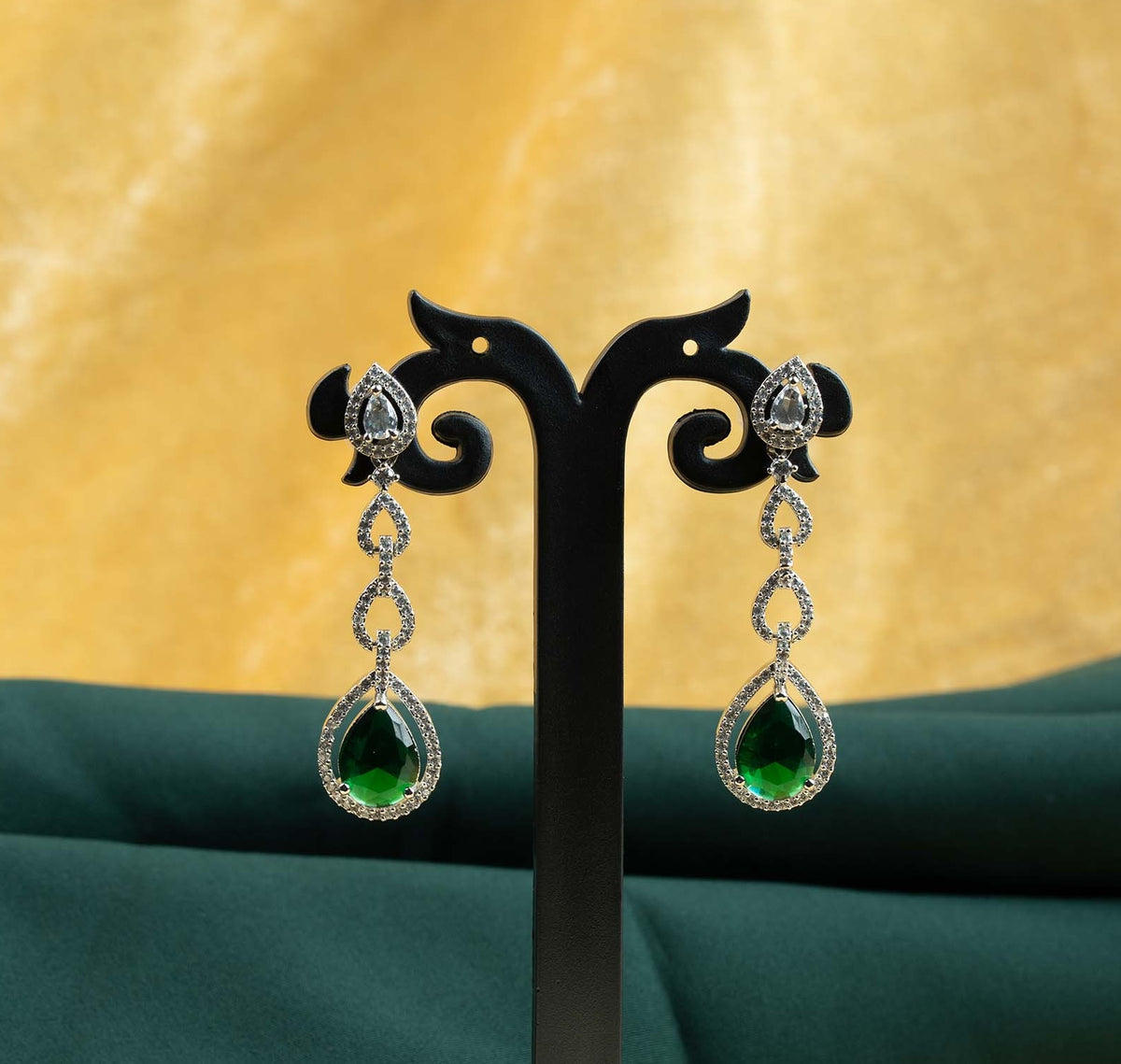 Emerald Cascade Pear Link AD Chandelier Earrings