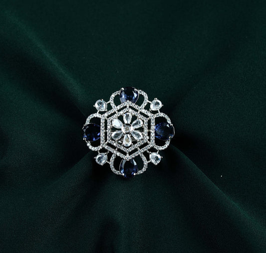 Sapphire Hexagonal Floral Medallion AD Ring