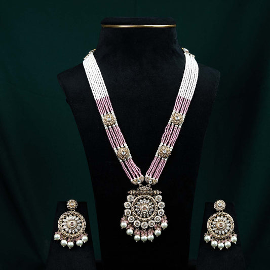 Anvi Antique Gold Kundan Rose Pink Pearl Rani Haar Set