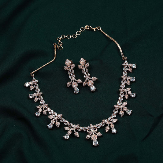 Riva Rose Gold AD Floral Spray Necklace Set