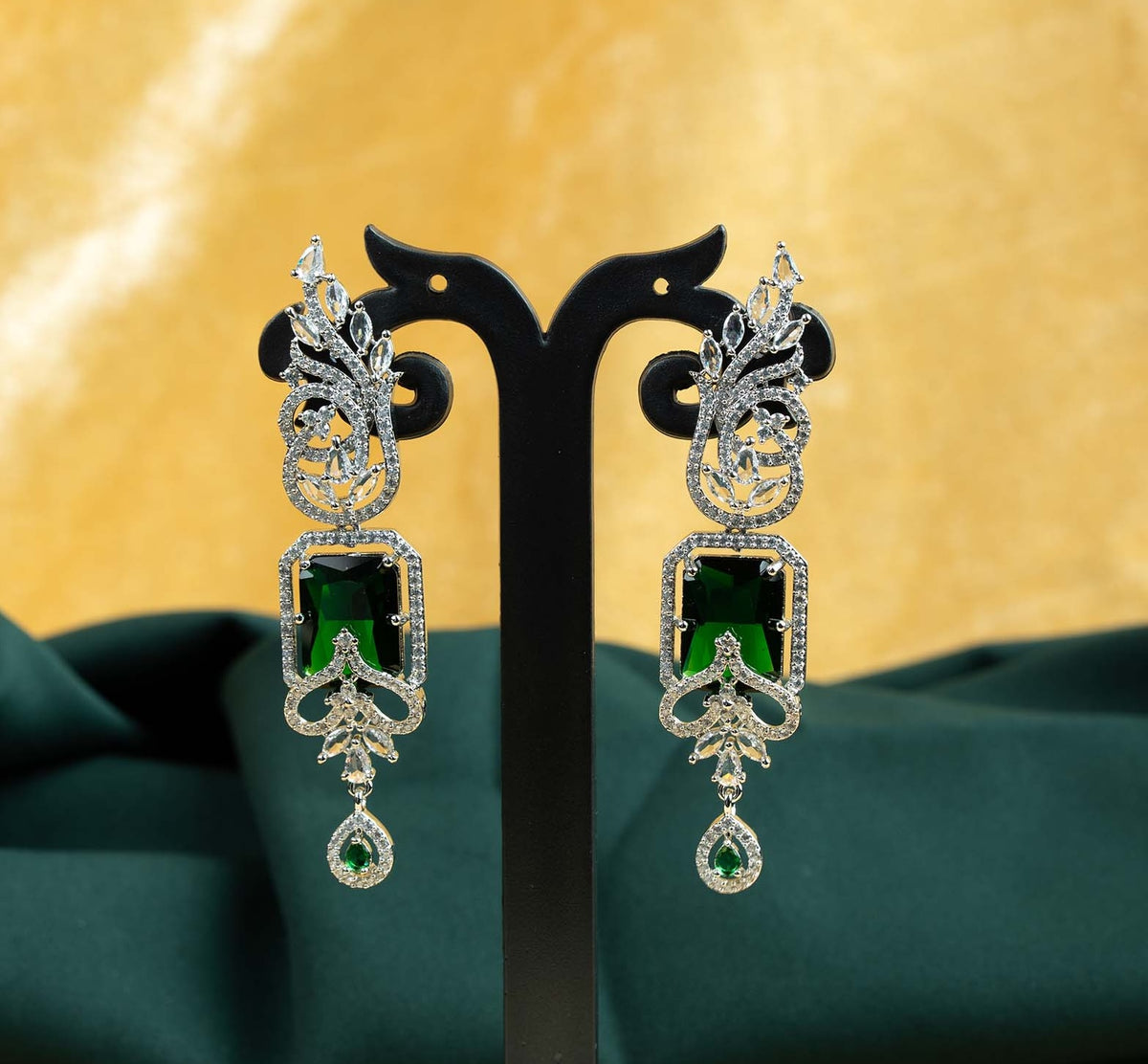 Emerald Solitaire Foliage AD Chandelier Earrings
