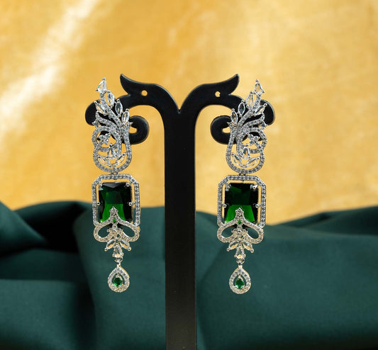 Emerald Solitaire Foliage AD Chandelier Earrings