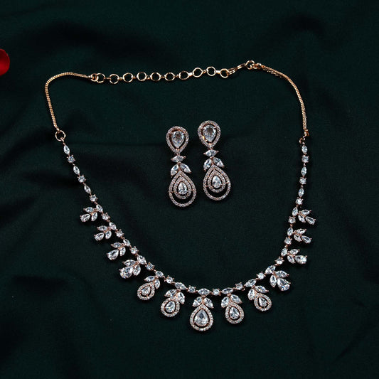 Sitaara Rose Gold AD Teardrop Halo Necklace Set