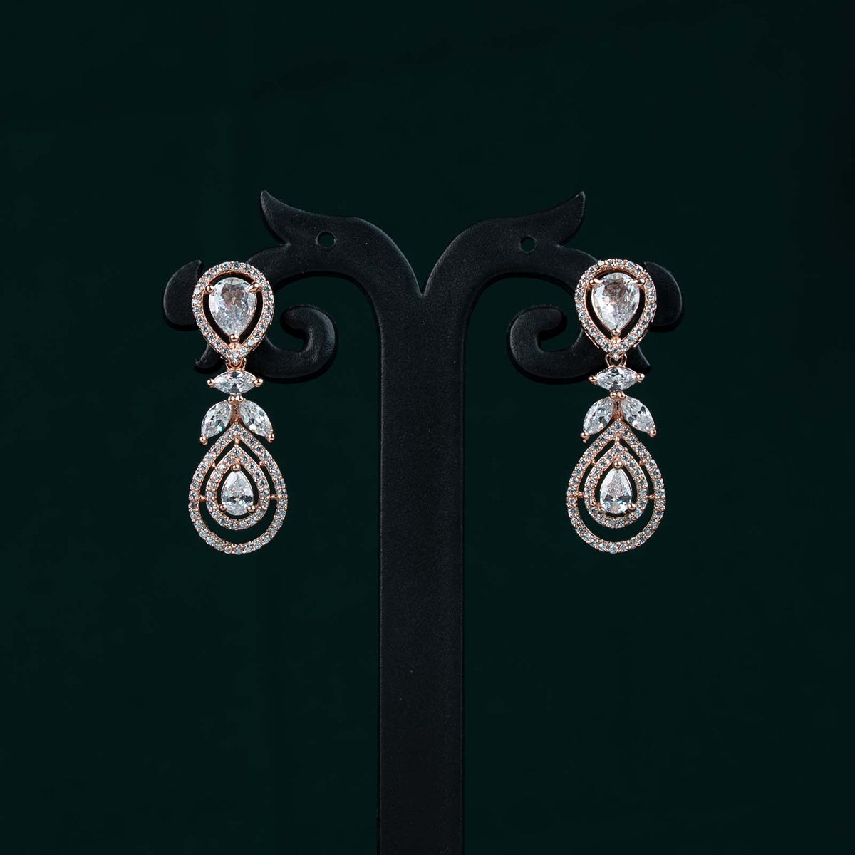Sitaara Rose Gold AD Teardrop Halo Necklace Set