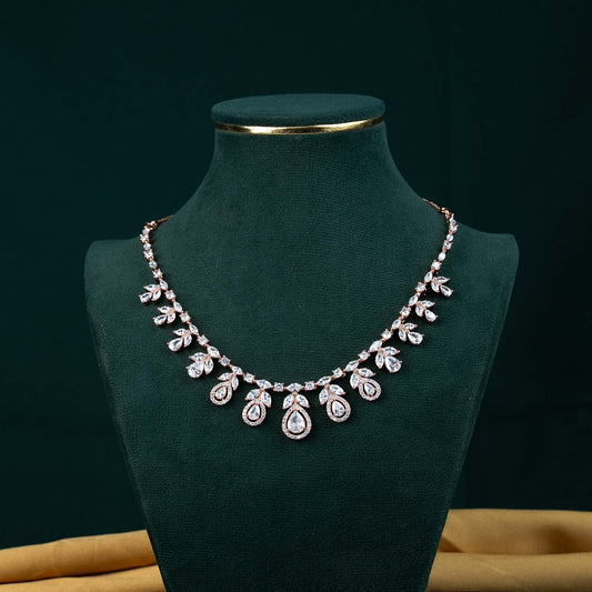 Sitaara Rose Gold AD Teardrop Halo Necklace Set