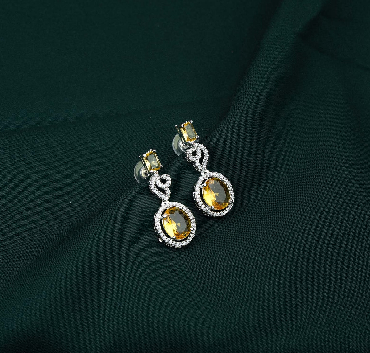 Citrine Baguette Oval Halo AD Drop Earrings