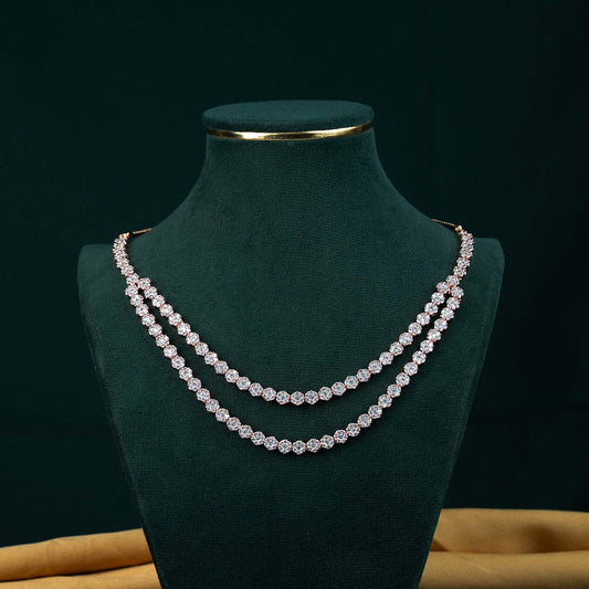 Anaya Rose Gold AD Two Row Tennis Necklace Set