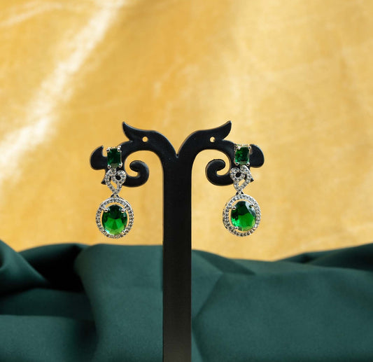Emerald Baguette Oval Halo AD Drop Earrings