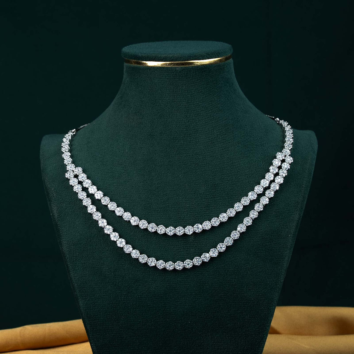 Anaya Silver AD Two Row Tennis Necklace Set