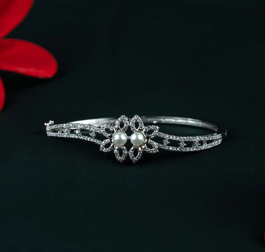 Seraphina Twin Pearl Floral AD Silver Kada