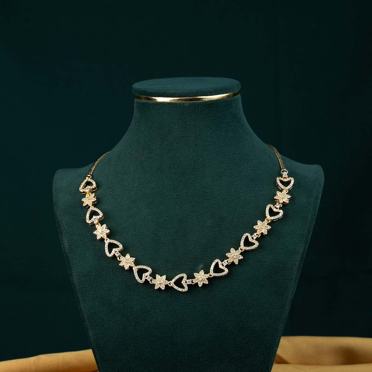 Ruhi Gold AD Heart and Floral Riviera Necklace Set