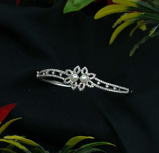 Seraphina Twin Pearl Floral AD Silver Kada