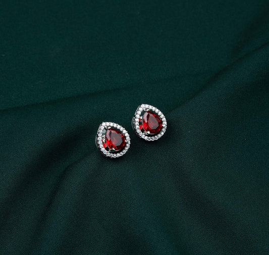Scarlet Solitaire Pear Halo AD Stud Earrings