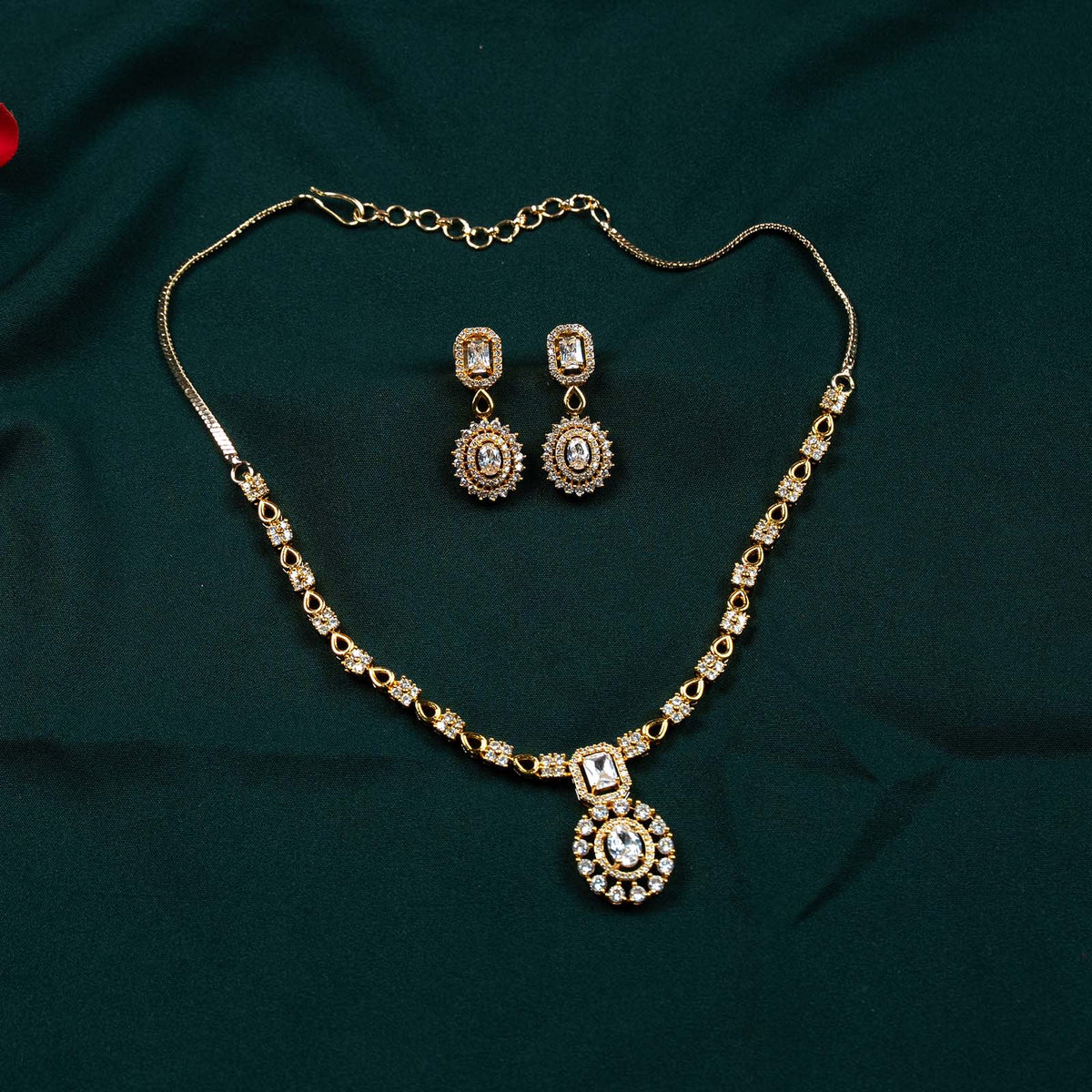 Kiara Gold AD Baguette Halo Pendant Necklace Set