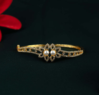 Seraphina Twin Pearl Floral AD Gold Kada