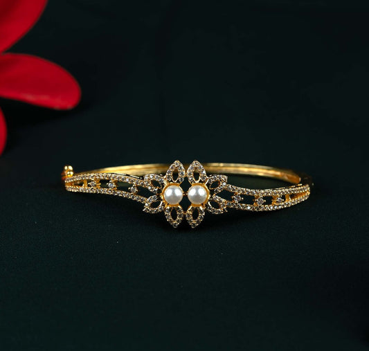 Seraphina Twin Pearl Floral AD Gold Kada