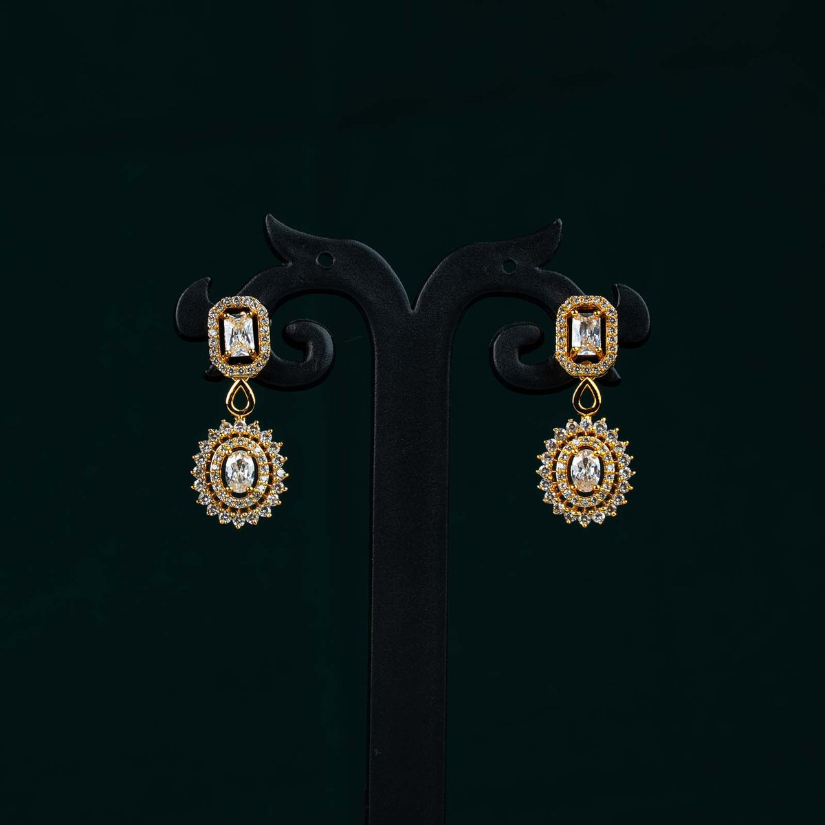 Kiara Gold AD Baguette Halo Pendant Necklace Set