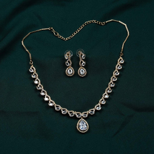 Noor Mehendi Gold AD Pear Solitaire Drop Necklace Set