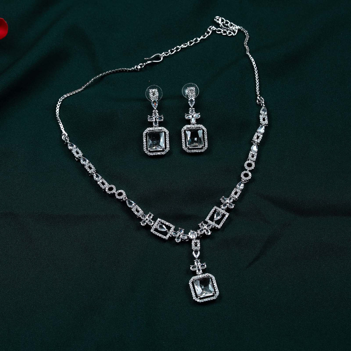 Siya Silver AD Geometric Emerald Cut Pendant Necklace Set