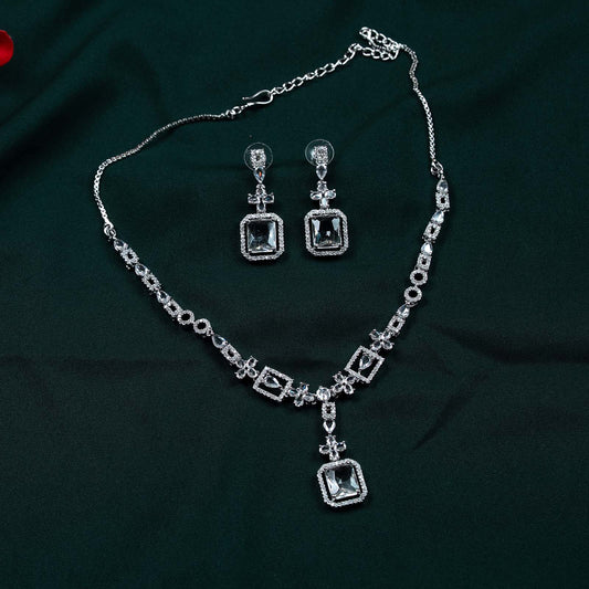 Siya Silver AD Geometric Emerald Cut Pendant Necklace Set