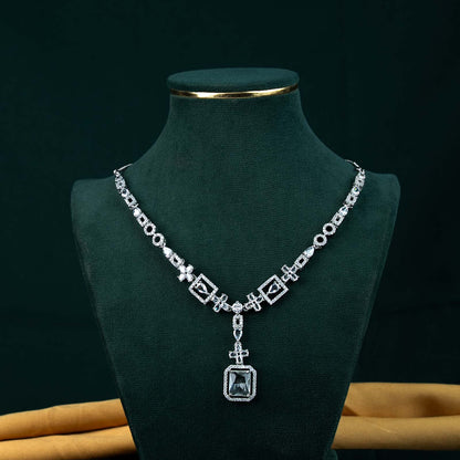 Siya Silver AD Geometric Emerald Cut Pendant Necklace Set