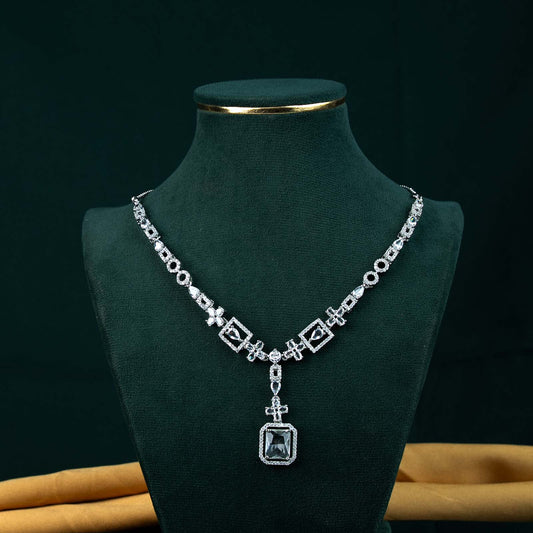 Siya Silver AD Geometric Emerald Cut Pendant Necklace Set