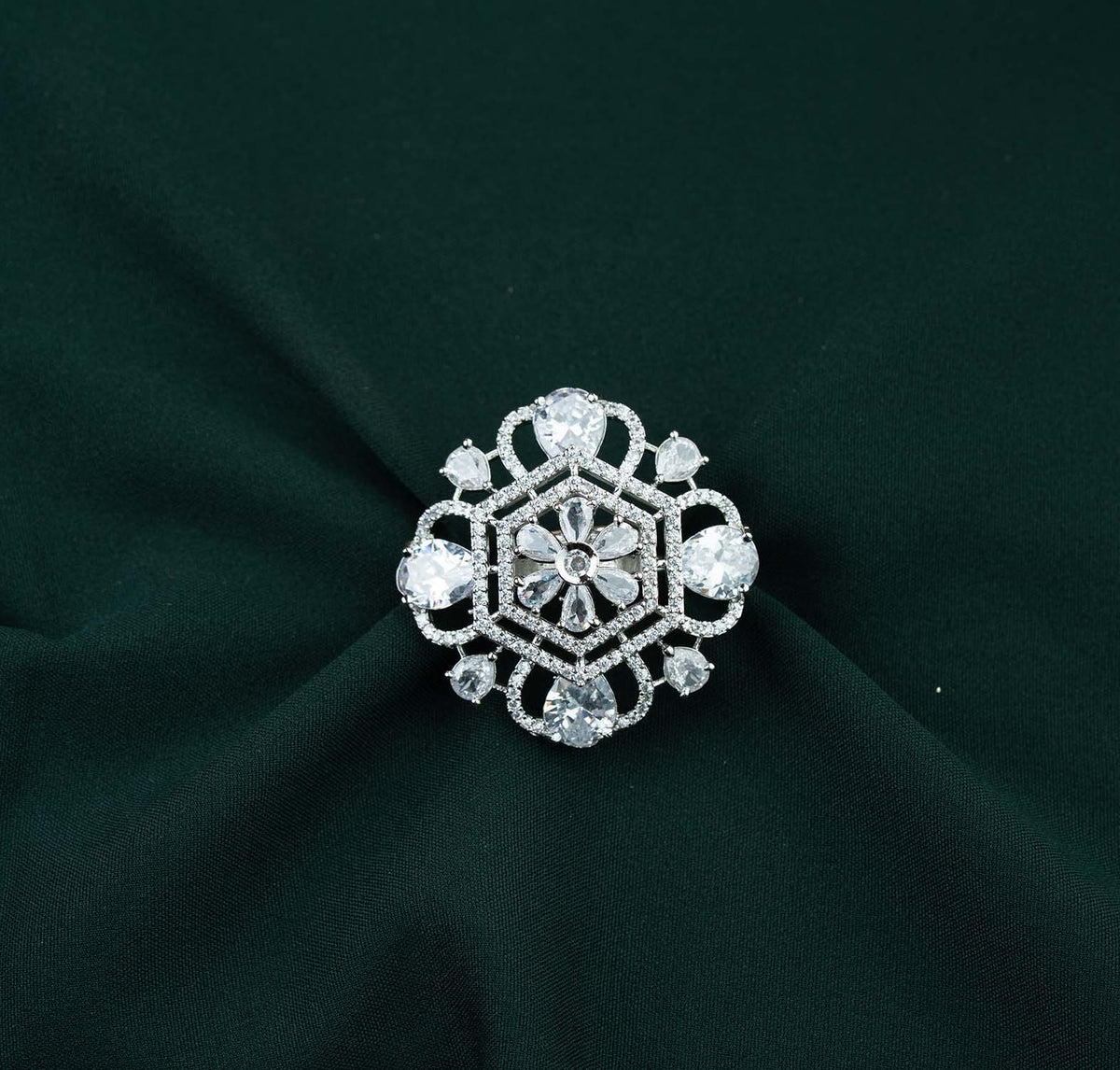 Noor Hexagonal Floral Medallion AD Ring