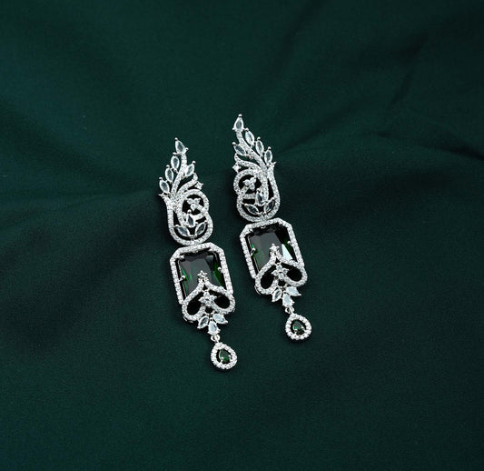 Emerald Solitaire Foliage AD Chandelier Earrings