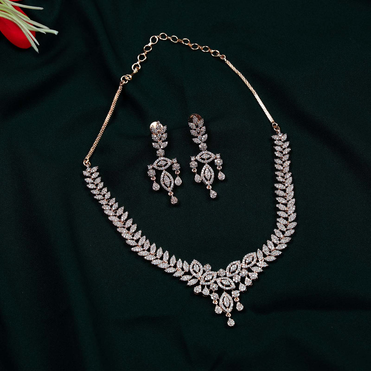 Zoya Rose Gold AD Leaf & Marquise Necklace Set