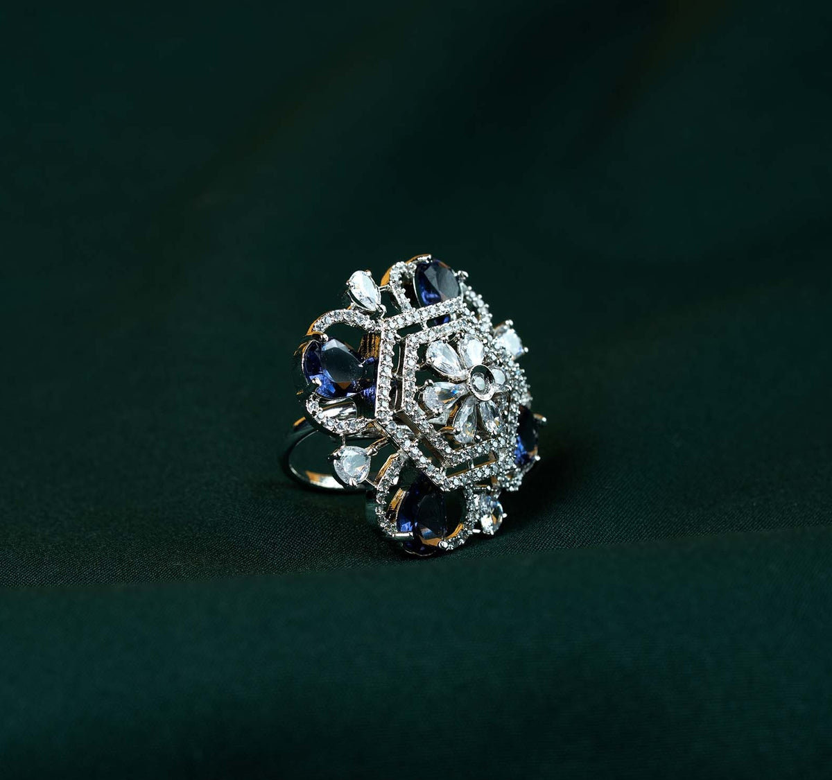Sapphire Hexagonal Floral Medallion AD Ring