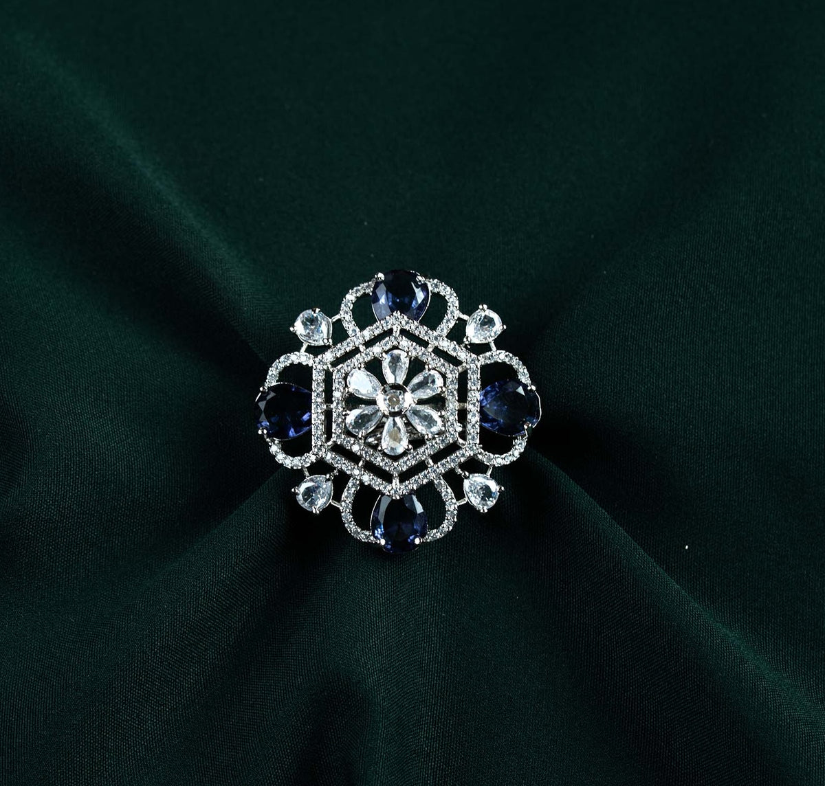 Sapphire Hexagonal Floral Medallion AD Ring