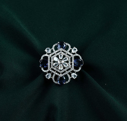 Sapphire Hexagonal Floral Medallion AD Ring
