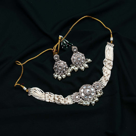 Mira Antique Gold Kundan Polki Pearl Choker Necklace Set
