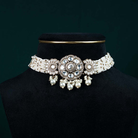 Mira Antique Gold Kundan Polki Pearl Choker Necklace Set