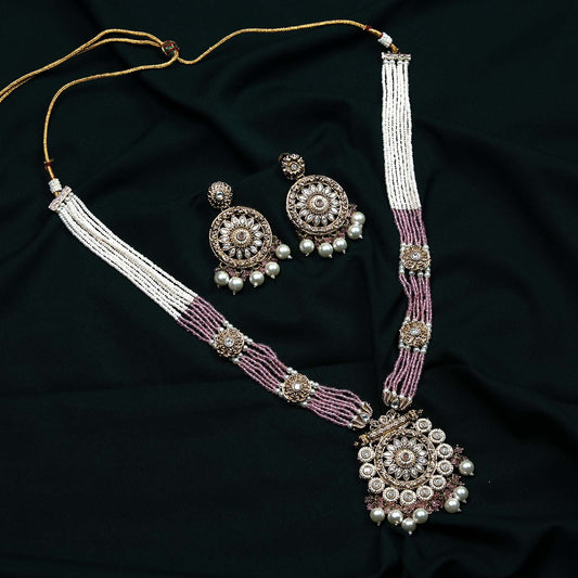 Anvi Antique Gold Kundan Rose Pink Pearl Rani Haar Set