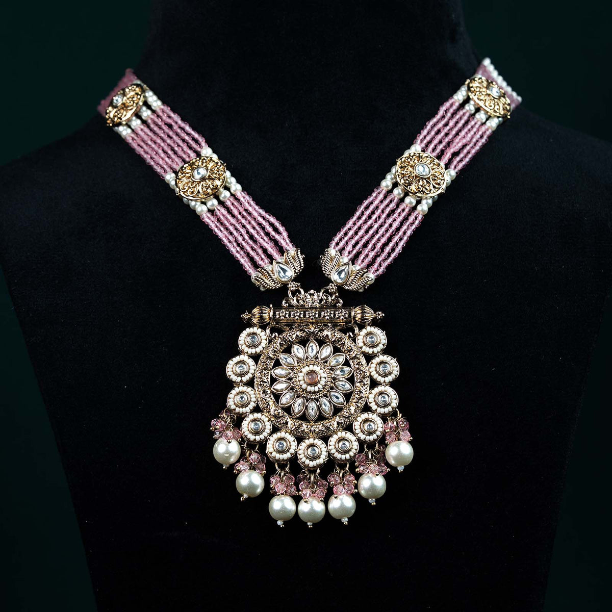 Anvi Antique Gold Kundan Rose Pink Pearl Rani Haar Set