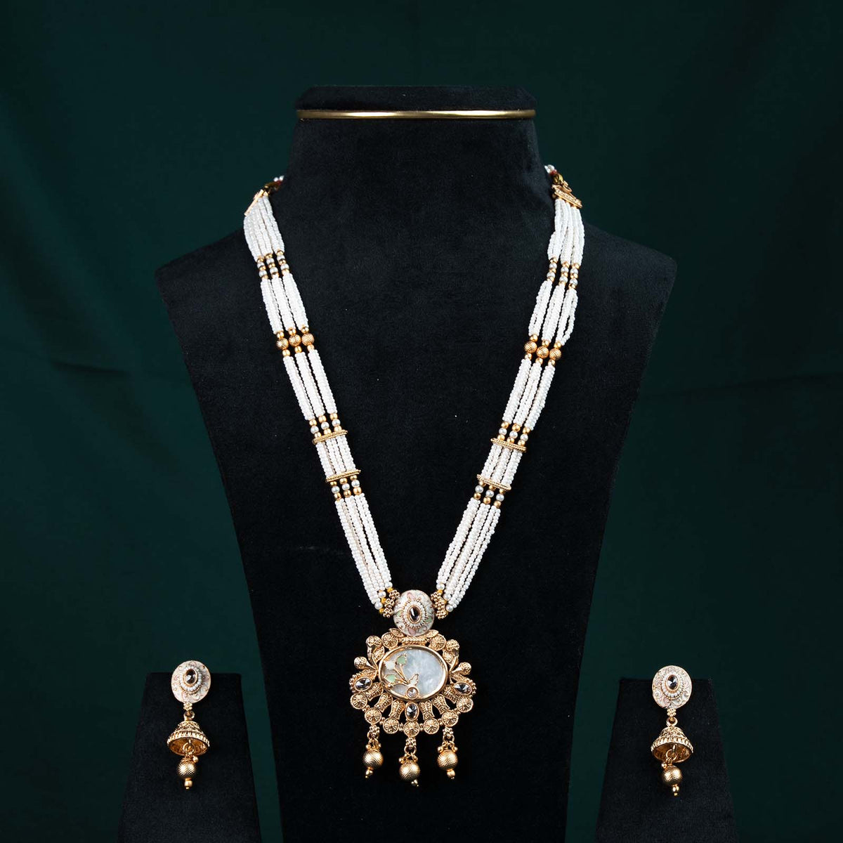 Meera Antique Gold Meenakari Floral Pearl Rani Haar Set