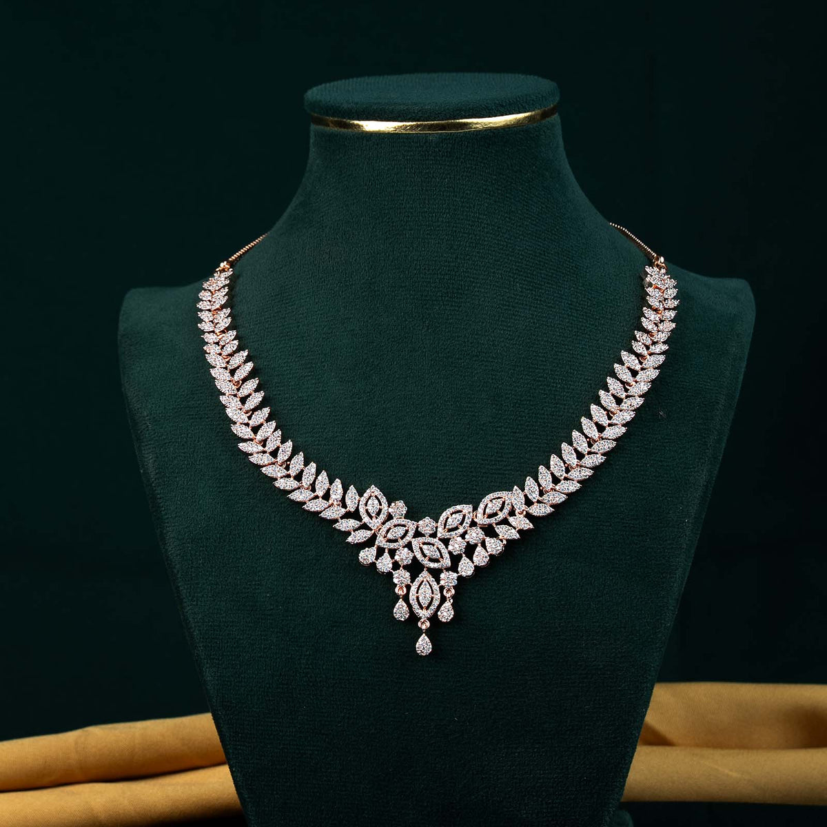 Zoya Rose Gold AD Leaf & Marquise Necklace Set