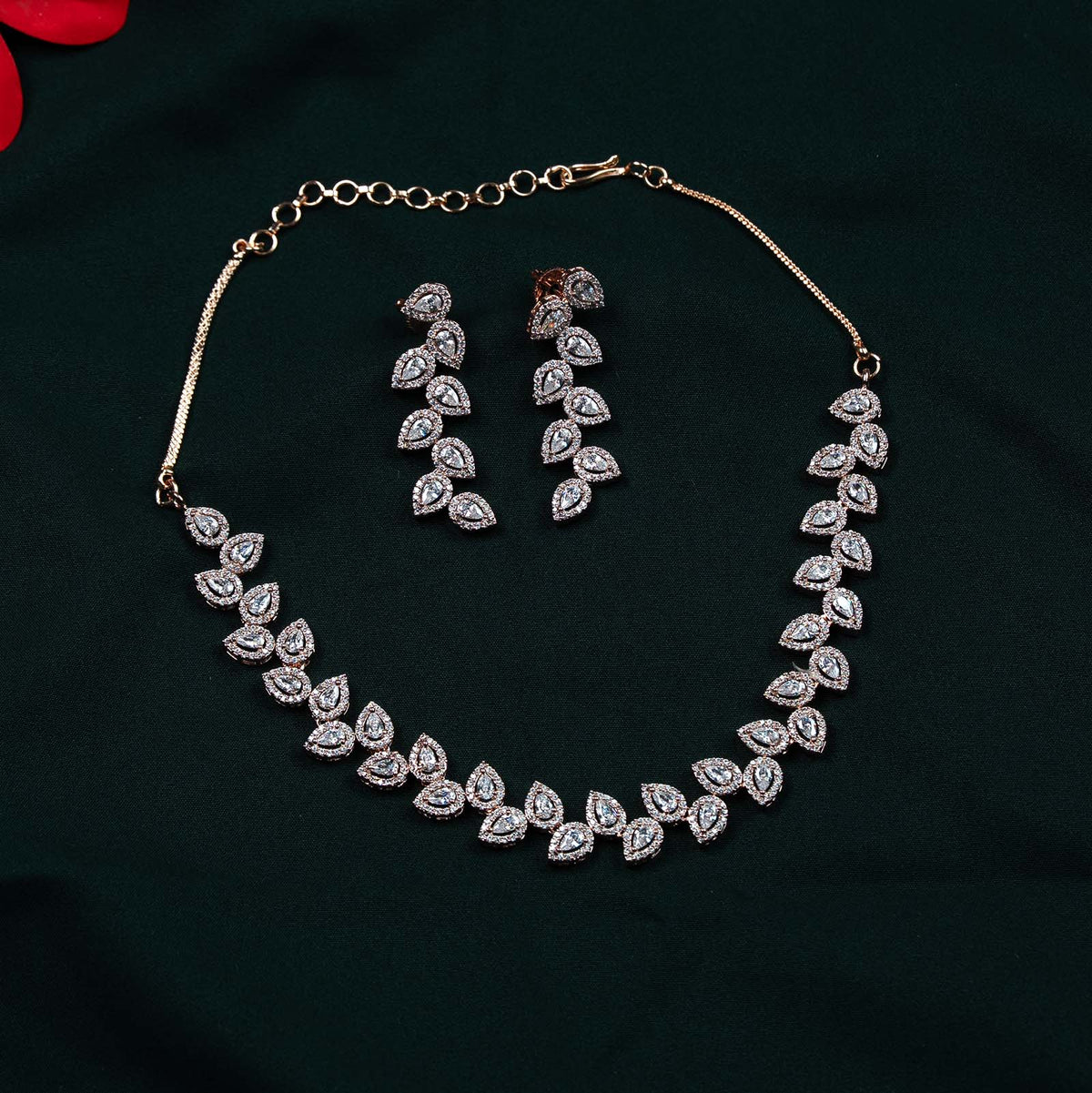 Tara Rose Gold AD Pear Leaf Cluster Necklace Set