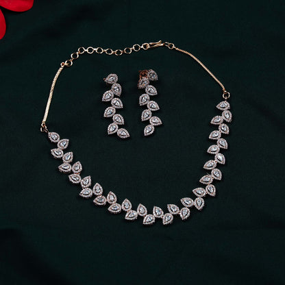 Tara Rose Gold AD Pear Leaf Cluster Necklace Set
