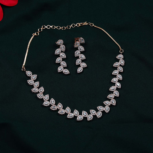 Tara Rose Gold AD Pear Leaf Cluster Necklace Set