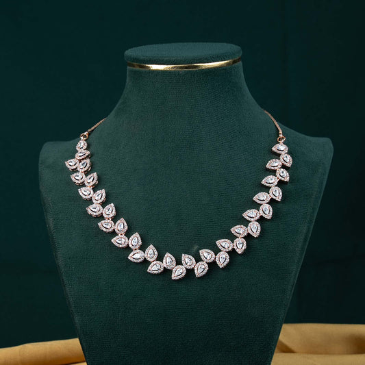 Tara Rose Gold AD Pear Leaf Cluster Necklace Set