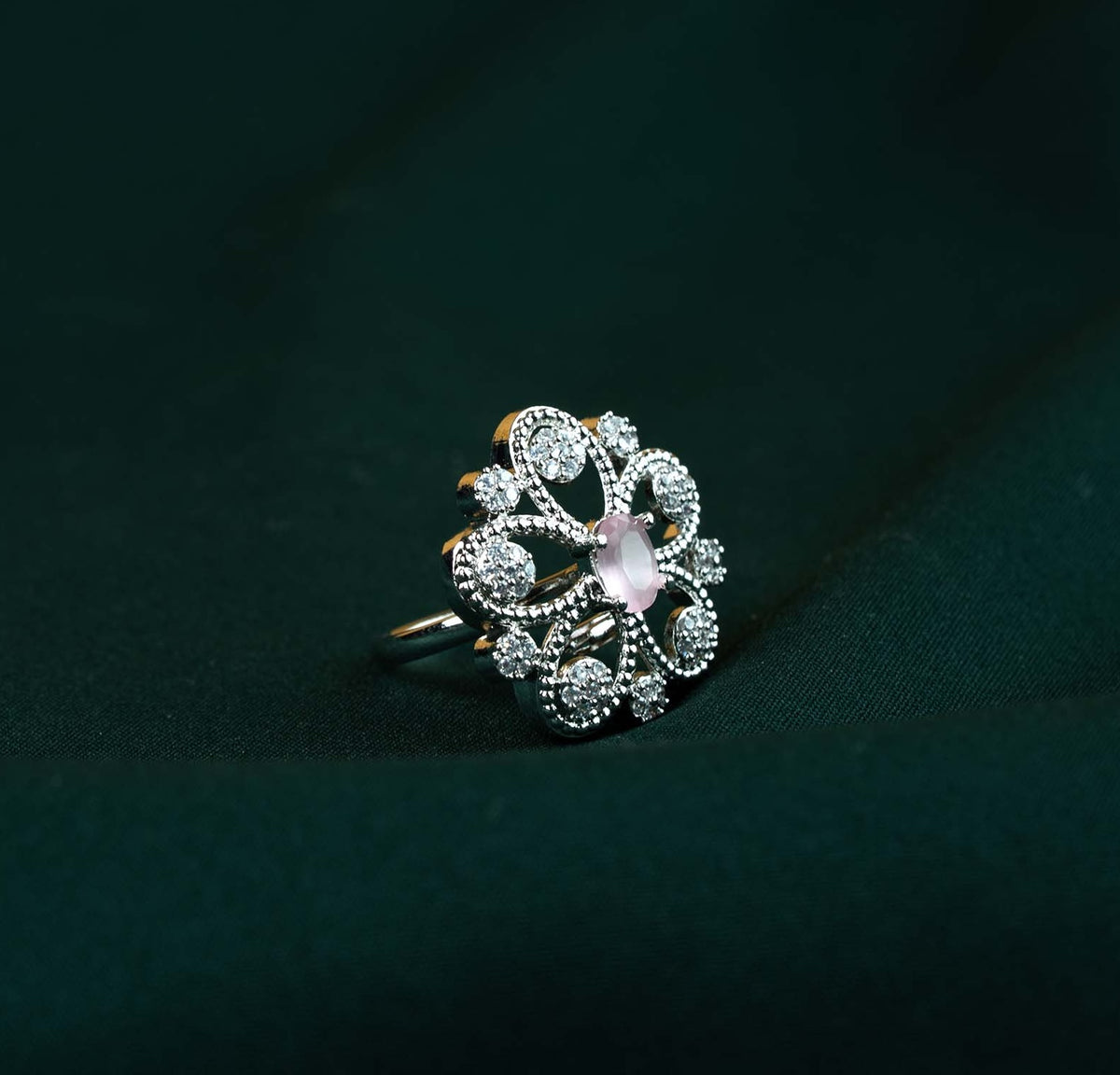 Rose Filigree Floral Oval AD Ring