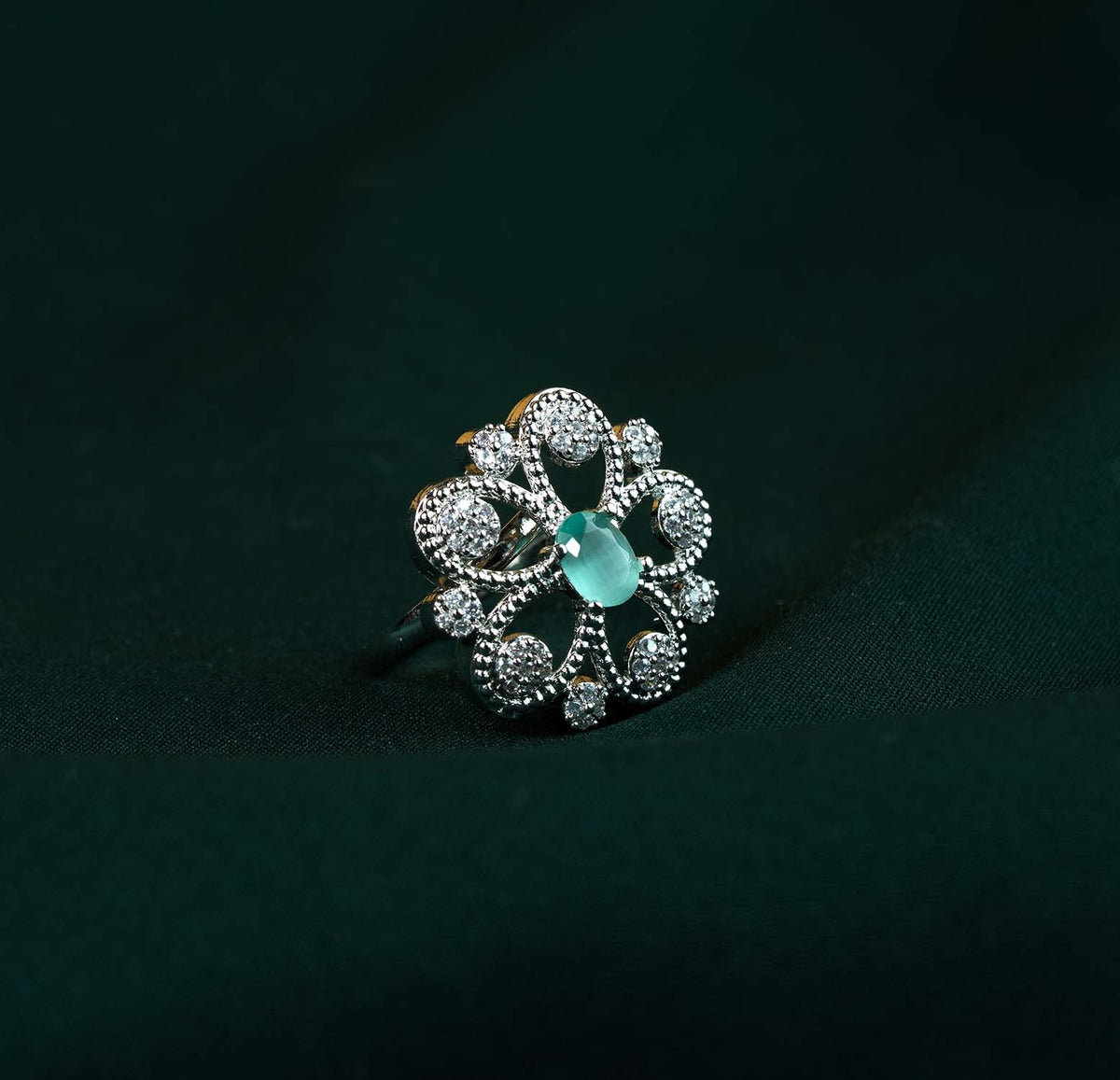 Mint Filigree Floral Oval AD Ring