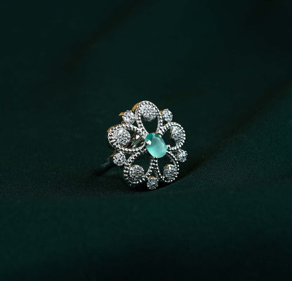 Mint Filigree Floral Oval AD Ring