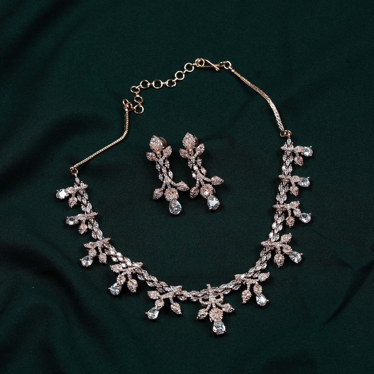 Riva Rose Gold AD Floral Spray Necklace Set