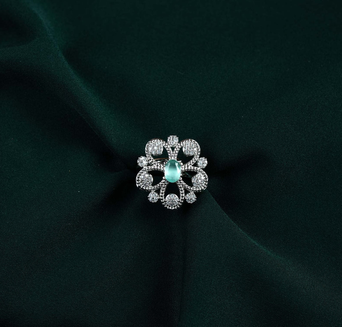 Mint Filigree Floral Oval AD Ring