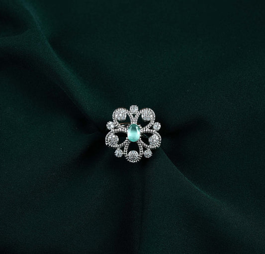 Mint Filigree Floral Oval AD Ring